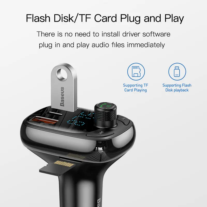Baseus S13 Quick Charge 4.0 Car Charger Mobil PD FM Transmitter Bluetooth Fast Charging Adaptor Output USB Type C 5