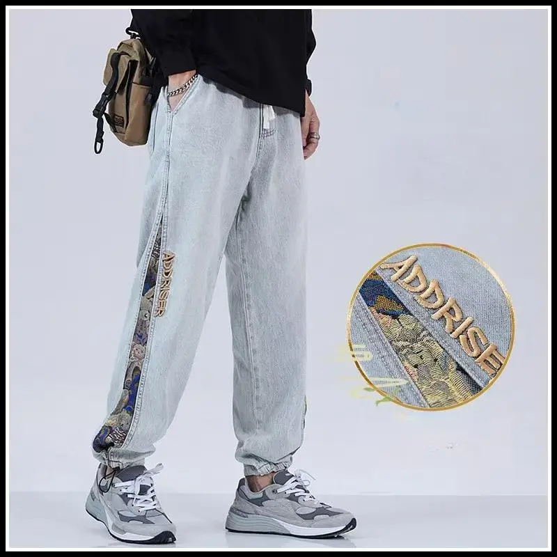 Men's trendy retro patchwork jeans Men's teddy bear patchwork fashionable ankle pants Men's loose casual pants