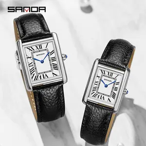 SANDA Jam Tangan Kuarsa Pasangan Bermerek Ternama Jam Tangan Kuarsa Pria Wanita Modis Kasual Kedap Air 30M Jam Tangan Kuarsa Desain Dial Persegi Tali Kulit Tahan Aus