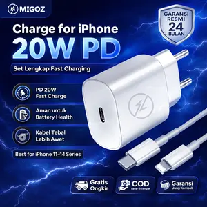 MIGOZ ID Charger Set C to Lightning PD 3.0 Fast Charging untuk iPhone 8 X 11 12 13 14 Pro Max dengan Kabel Type-C 1m & Adaptor Aman Battery Health Friendly - Adapter
