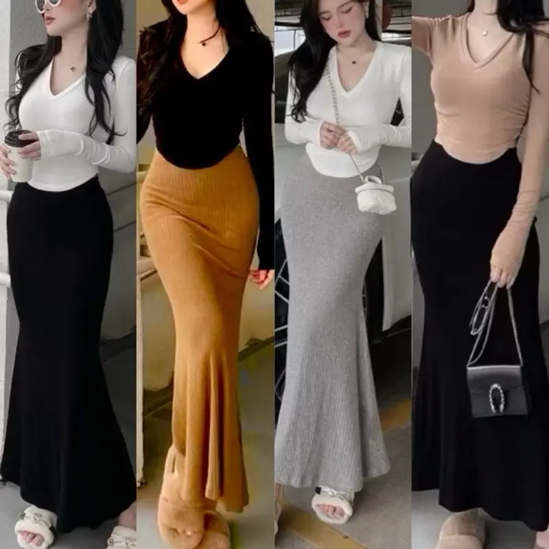 Sét áo tay dài vạt bầu và chân váy đuôi cá lưng thun