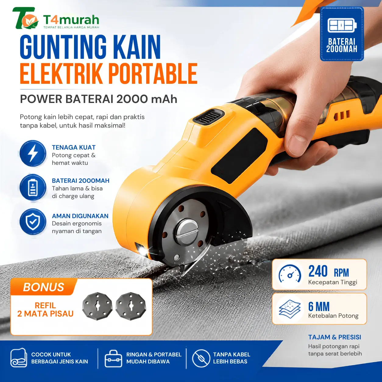 Gunting Elektrik Baterai 2000 mAh Alat Pemotong Kain kardus kertas 4.2V