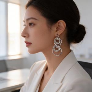 Silver Double Hoop Earrings with Teardrop Pendant | Minimalist Geometric Style Jewelry