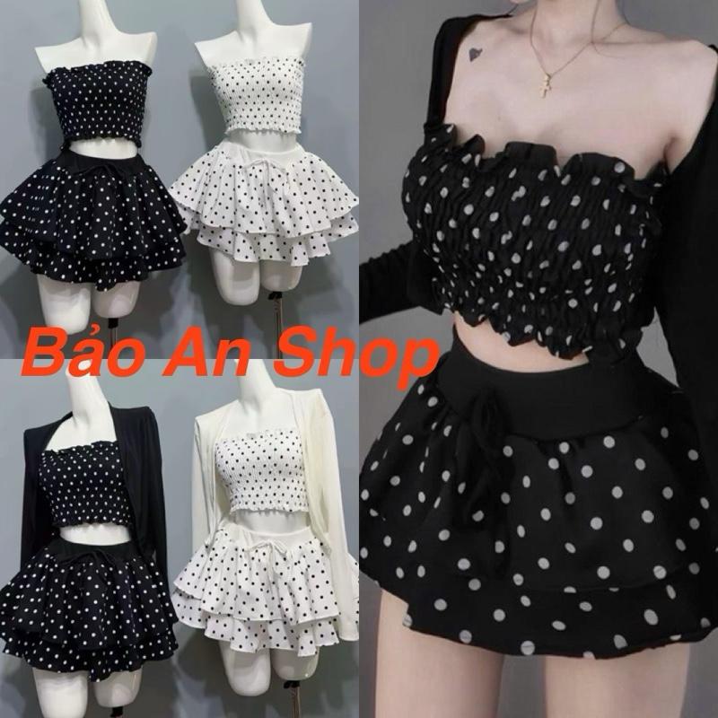Bảo An Shop SB-02 Sét 3 Món áo chấm bi kèm chân váy 2 tầng và áo khoác thun gân 2 Size S M Chất vải cotton thun dày dặn Màu sắc đa dạng