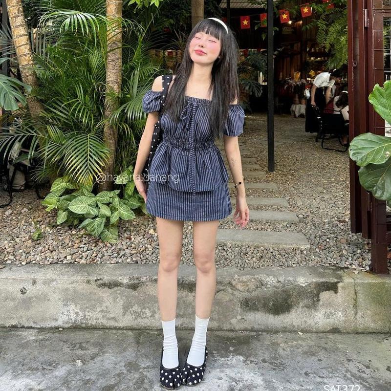 (HAVANA) CÓ BIGSIZE - Set áo PAMI babydoll kèm chân váy chữ A họa tiết kẻ sọc SAT372