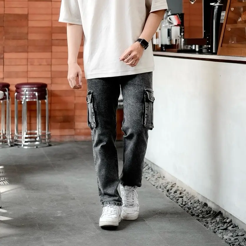 Celana cargo jeans pria street slim fit