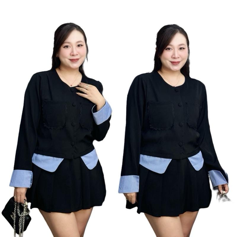 Set bộ cúc bọc phối tay kẻ chân váy xếp ly CLLEE bigsize nữ 21444 Top