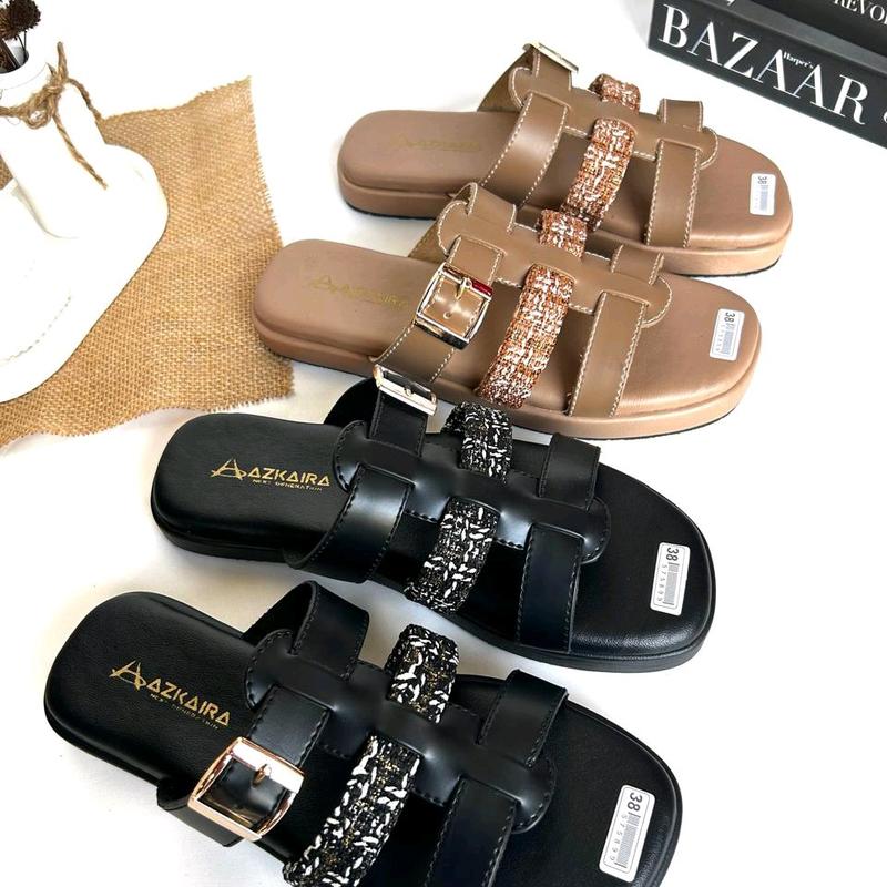 AZKAIRA - AUREL Bahan Rajut Sandal Remaja Kekinian  Lembut Dan empuk high quality  Sendal Cewek Flat Wanita Hitam 2