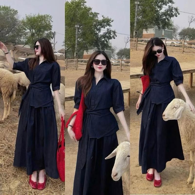 Mèo Mỡ Bigsize 60-90kg— Set bộ thời trang nữ áo sơmi jeans cột nơ vạt chéo kèm chân váy dáng dài 60-0kg
