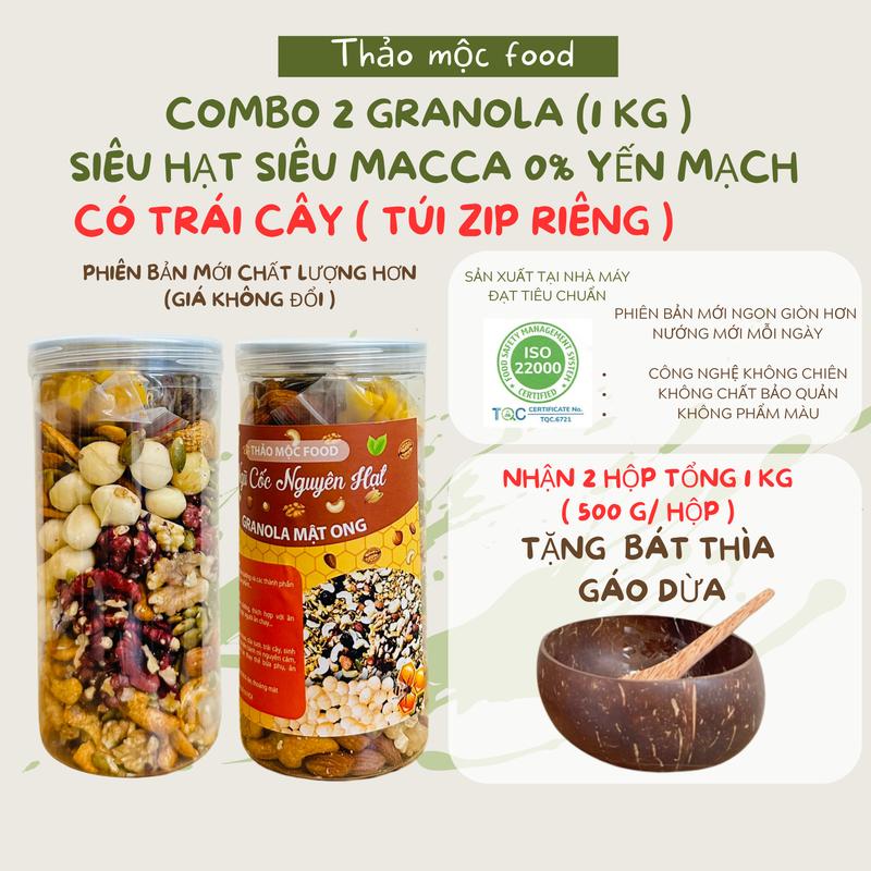 COMBO 2 GRANOLA 0% yến mạch siêu hạt Siêu macca tổng 1kg Thảo Mộc Food Tặng kèm 1 bộ bát gáo dừa Hữu cơ Không đường Tự nhiên Socola Thức Ăn ngucoc