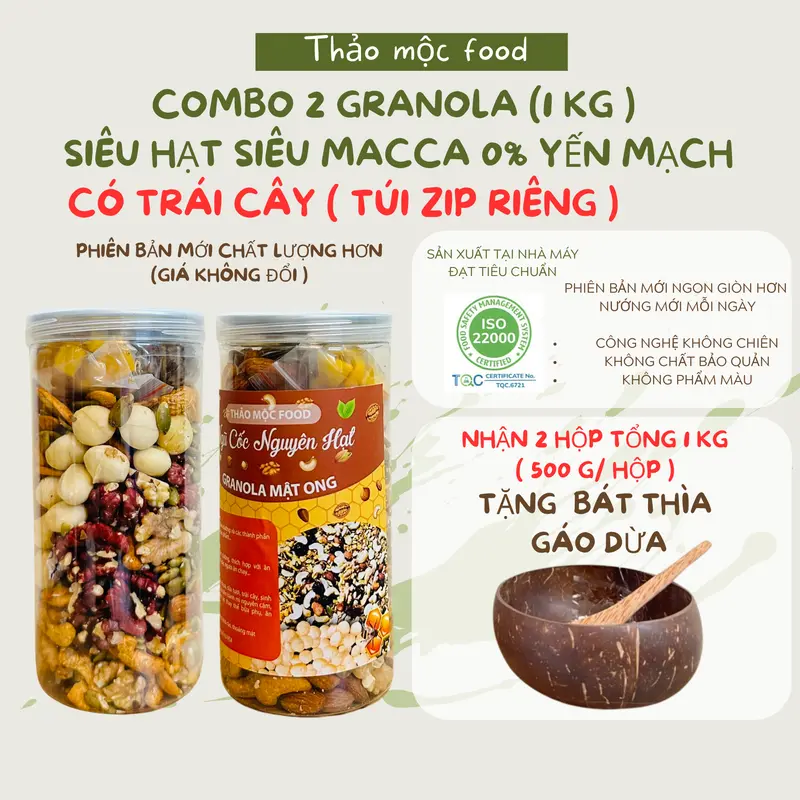 COMBO 2 GRANOLA 0% yến mạch siêu hạt Siêu macca tổng 1kg [Thảo Mộc Food] [Tặng kèm 1 bộ bát gáo dừa]  Hữu cơ Không đường Tự nhiên Socola Thức Ăn ngucoc 0