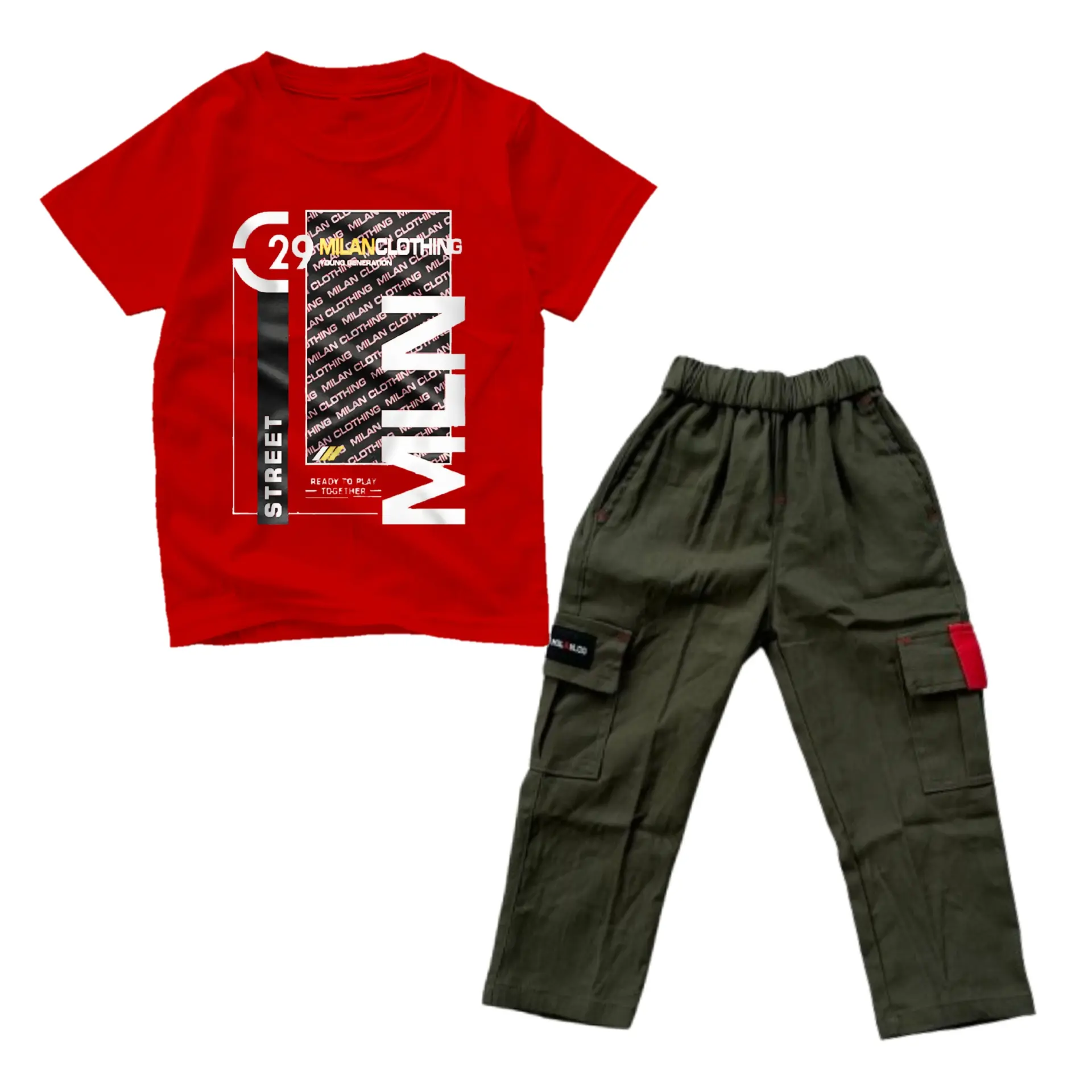 1 Set Pakaian Anak Cowok Kaos Distro Celana Cargo Panjang Bahan Katun Usia 3,5-12 Tahun