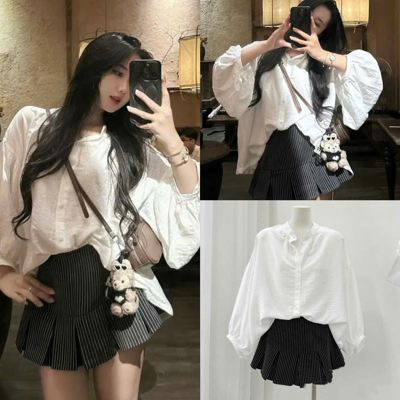    Hàng 3 Size : Set Áo Sơ Mi Trắng Cổ Tàu Tay Phồng From Rộng + Chân Váy Kẻ Đen Xếp Ly Di Du Lịch Đi Chơi 