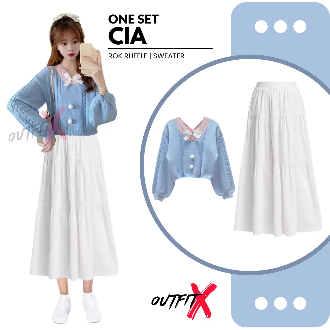 OUTFIT One Set Cia Rok Ruffle Sweater OOTD Wanita Kekinian Korea Style Setelan Hangout 2in1 set