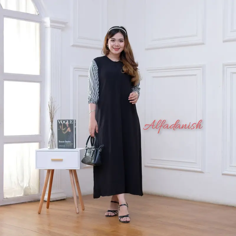 Nayla Dress Airflow Crinkle Kombinasi Rayon Premium Lengan 7/8 Resleting Busui Tali Samping Ibu Nyaman Panjang Tangan Casual Gaun Kaki Midi Gamis Basic Variasi Semata Midi Dress 0