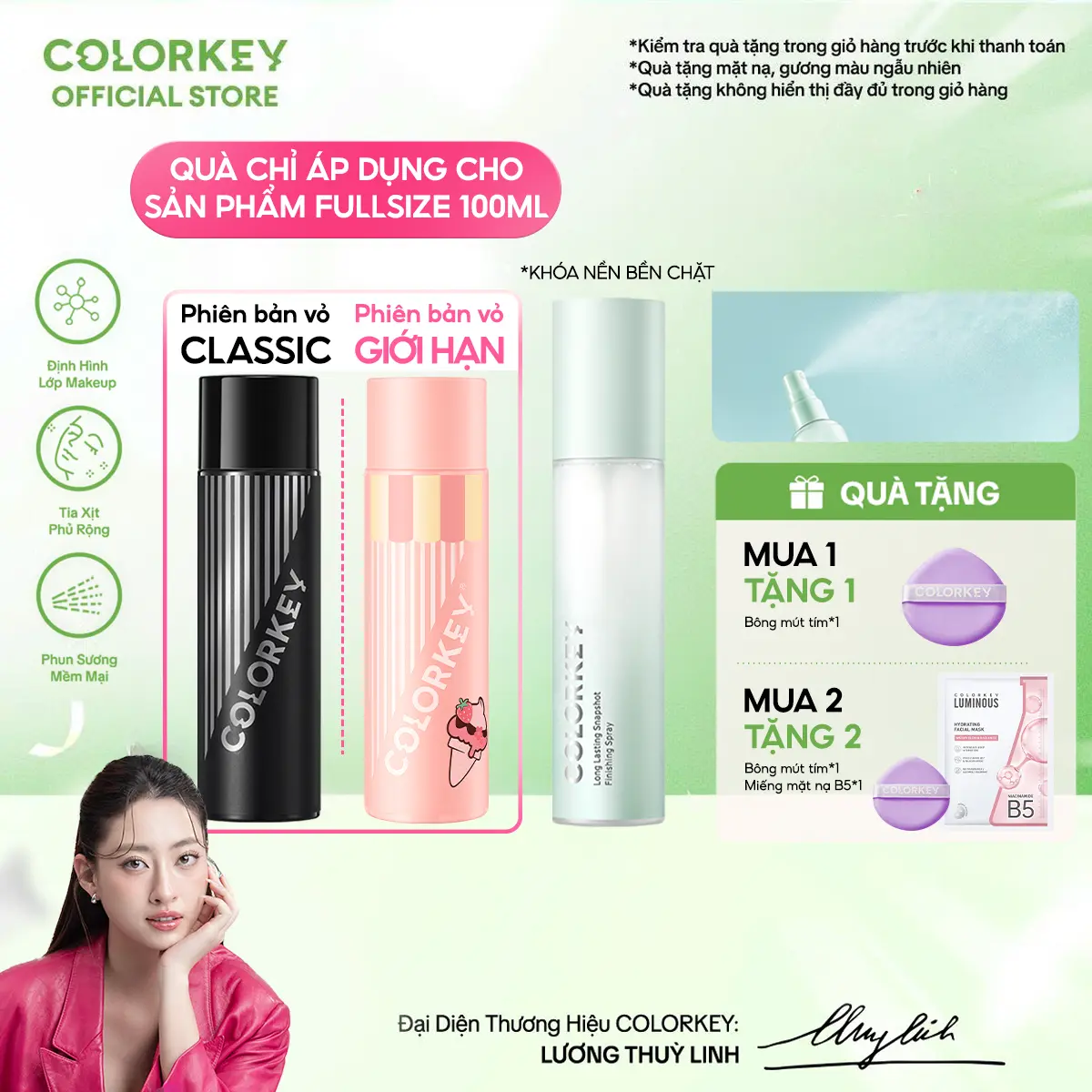 Xịt Khóa COLORKEY Tia Sương Mịn Giúp Cố Định Lớp Trang Điểm Lâu Trôi 100ml/chai fullsize HOẶC 30ml minisize