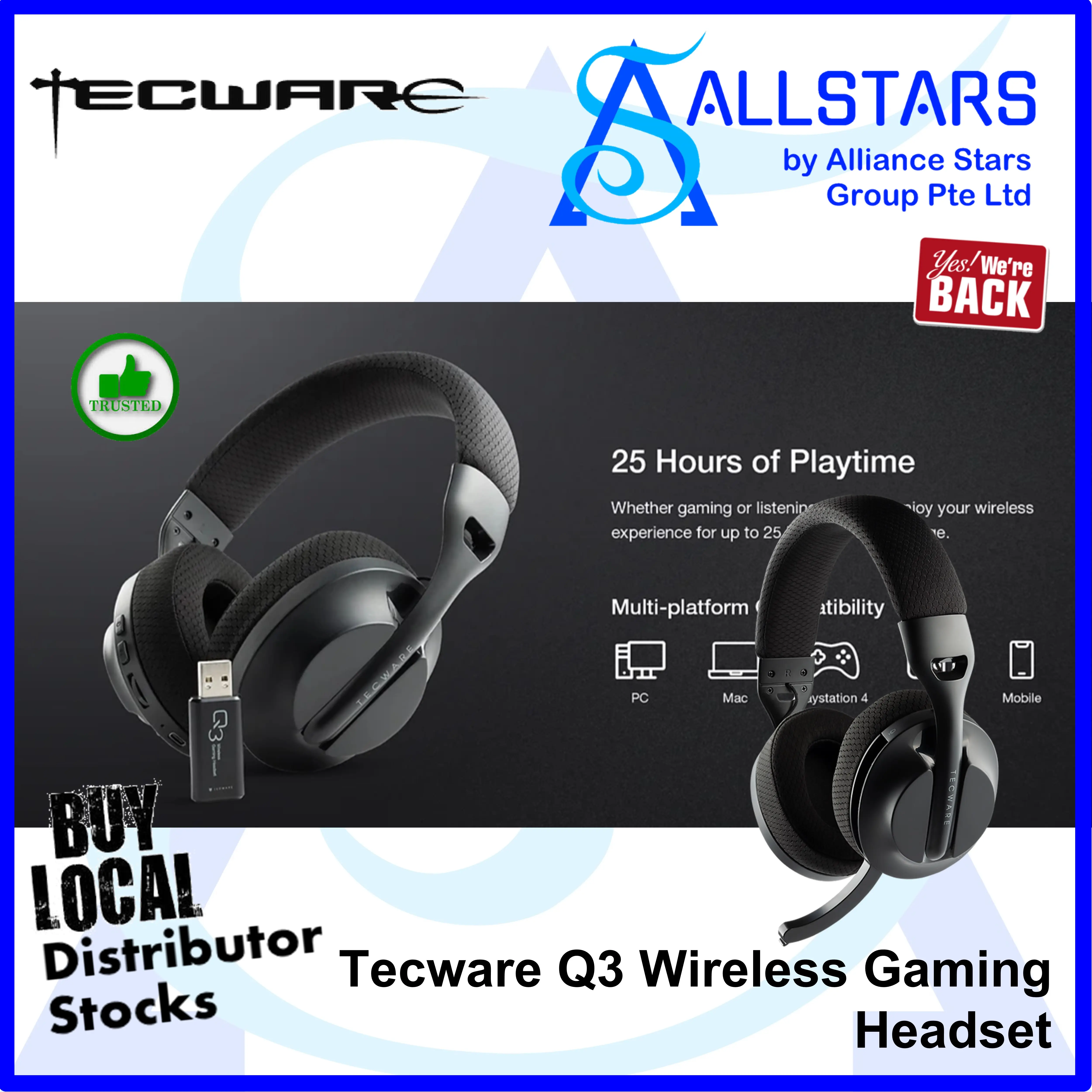 (ALLSTARS : Headphone PROMO) Tecware Q3 Wireless Gaming Headset (3.5mm / Wireless 2.4GHz / Bluetooth) (TWAC-Q3W-BK) (Warranty 1year with TechDynamic)