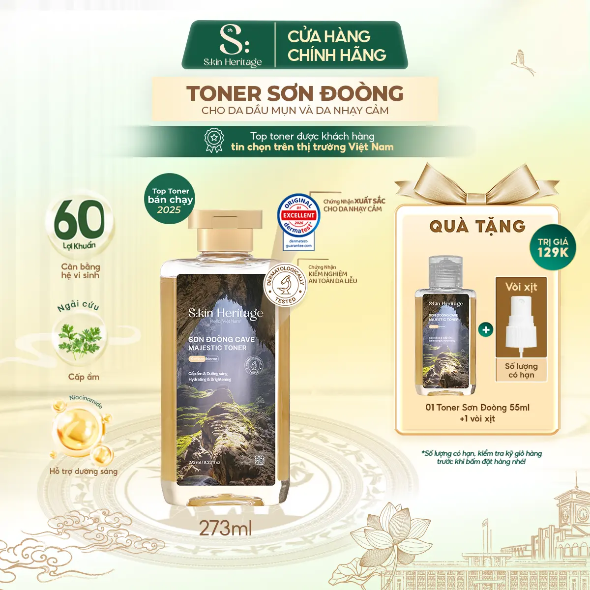Toner Sơn Đoòng Dưỡng Ẩm Da, Làm Dịu Và Cân Bằng Độ Ẩm Cho Da Dầu Mụn Và Da Nhạy Cảm SKIN HERITAGE Toner Cấp Ẩm Cung Cấp Đến 60 Lợi Khuẩn 55ml & 273ml