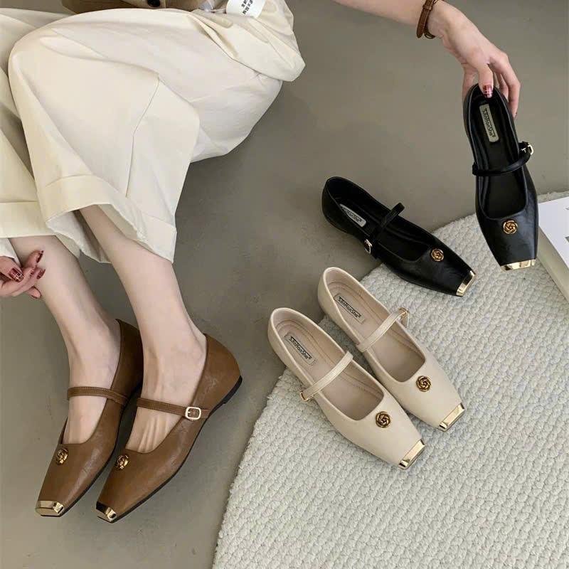   Form chuẩn  Giày bệt hoa trà gold mũi vuông đôn đế 3p SJinHanShe - G192 - Ảnh thật - LinD Shoes & Sandal 