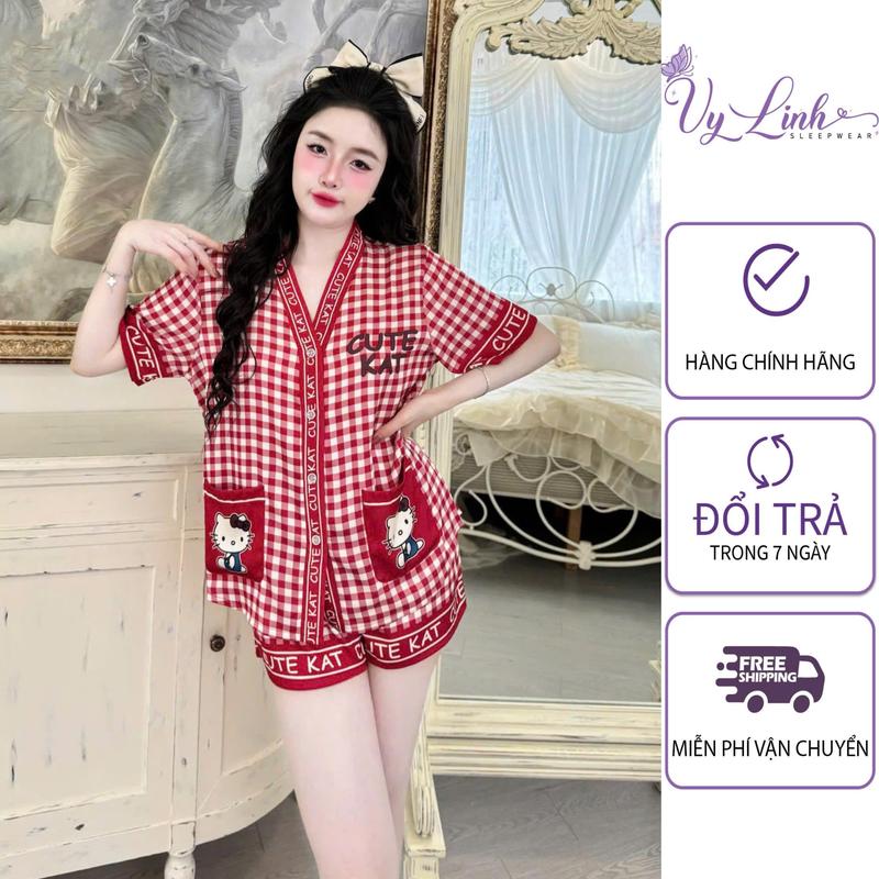 Vy Linh SLEEPWEAR Bộ Đồ Pijama Cổ Y Dành Cho Nữ Hoạ Tiết Sọc Caro Chất Liệu Vải Lụa Latin Cao Cấp S1103-6