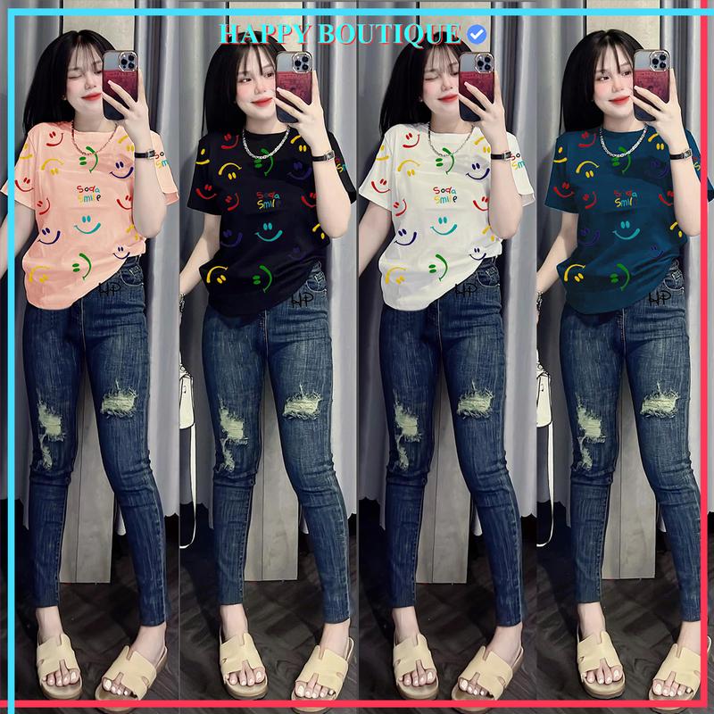  Áo Thun Dáng Vừa Nữ  B65  Form 40~60kg Chữ Dập Nổi Vải BORIP Cotton Mềm Mịn Co Dãn 4 Chiều  SMILE  Top Women aonuxinh Màu Trắng 