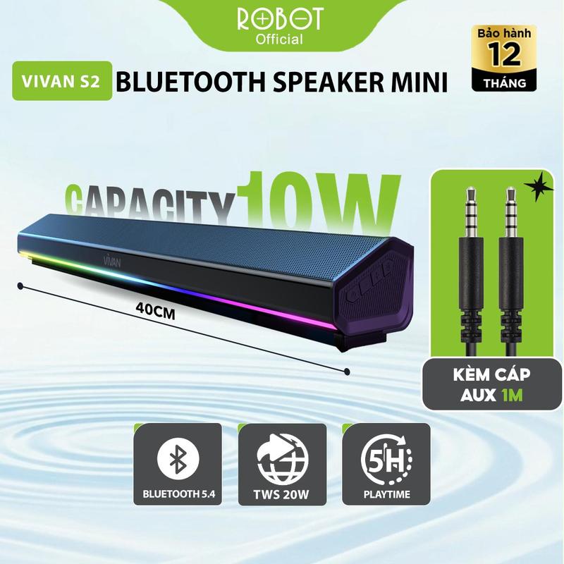 Loa Thanh Bluetooth Soundbar VIVAN S2 Công Suất 10W Bluetooth 5.4 Pin 1800mAh Bass Siêu Trầm LED RGB- Hỗ Trợ Kết Nối USB/ AUX/ Thẻ Nhớ