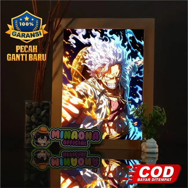 LAMPU HIAS BOX 3D - Minimalis Hisan Meja dengan Efek Cahaya hingga lebih Aesthetic - Free Box kertas waterproof serta Frame Kayu Damar halus Lapisan Glossy lengkap dengan kaca Akrilik EDISI LUFFY ONE PIECE NIKA bingkai mahar pigura photo Merah