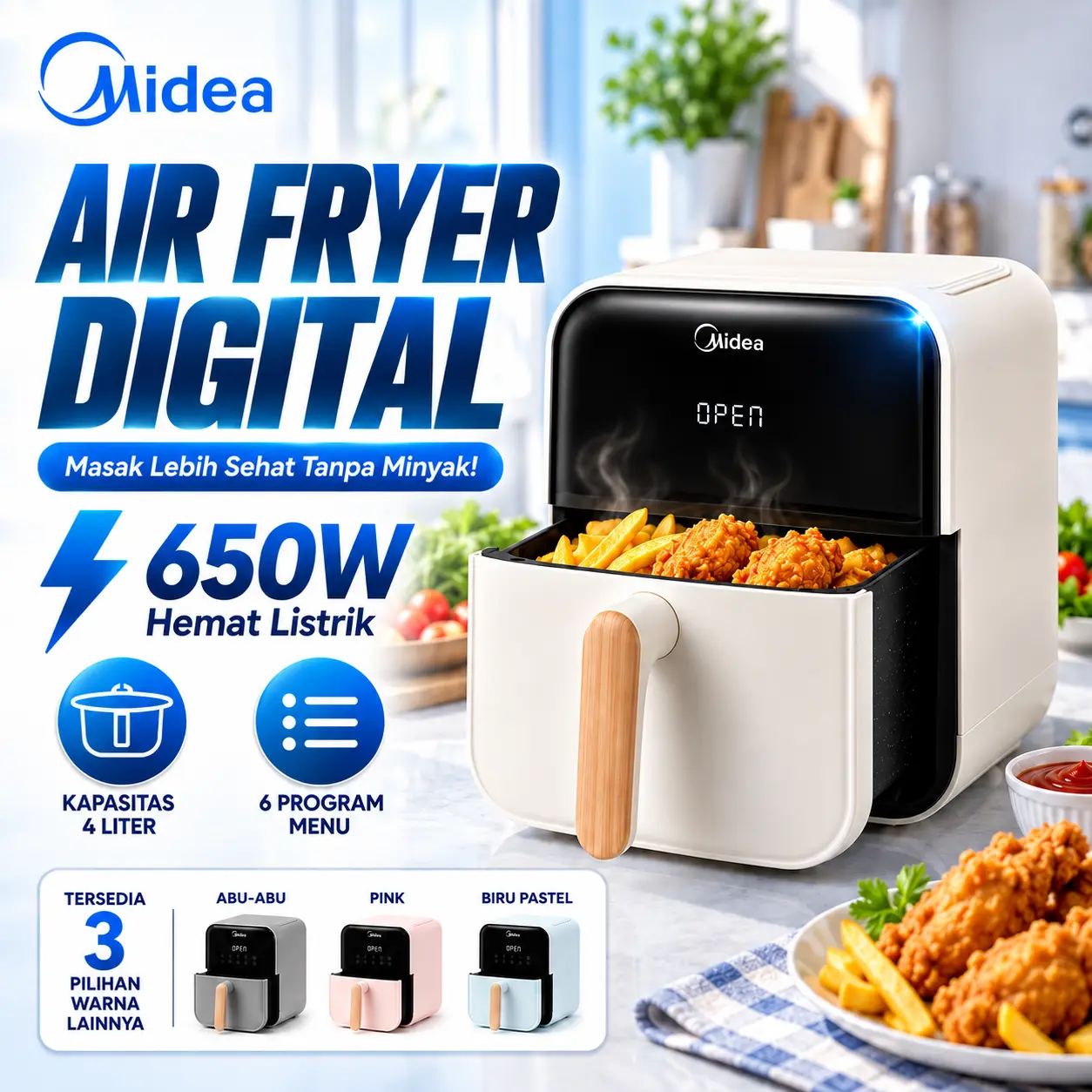 Air Fryer Digital 4 Liter Midea MAD40007ADA/ADG/ADH/ADI 650W - 6 Program Menu, Food Grade, Low Watt