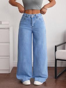 Mezclilla Vaqueros para Mujer Corte Recto Azul  Cintura Alta Elástica Lavado Claro Algodón Casual Primavera Otoño Unicolor outfit vaqueros mujer con pantalon vaqueras mujer outfit Jeans Casuales