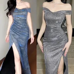 Gaun Mewah Gaya Prancis Elegan dan Anggun dengan Desain Cinch Pinggang dan Slit Panjang Gaun Berleher Tinggi untuk Tampilan Mewah Anda