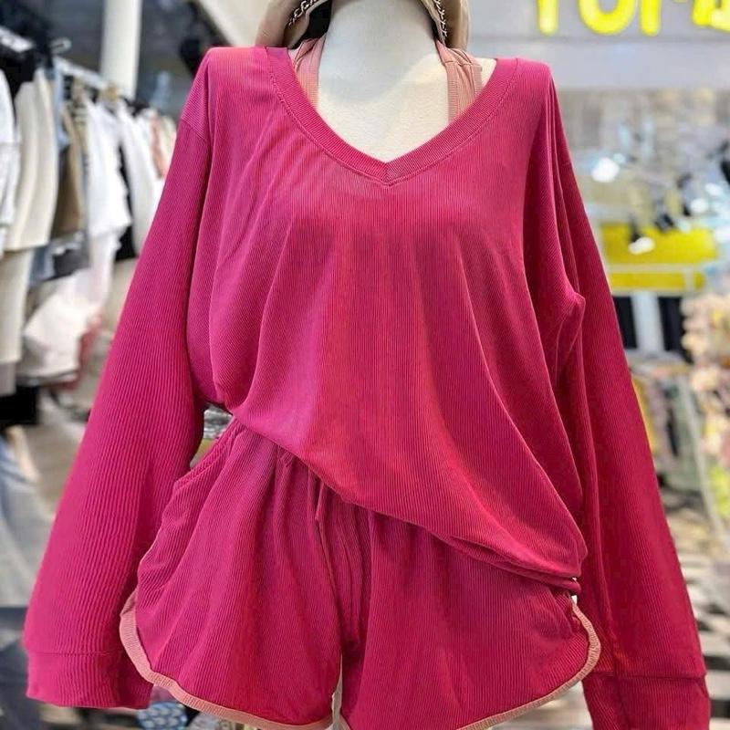 Sét bộ 3 món áo tay dài quần đùi chính chủ hình thật dưới 60kg Nữ Women Top Thun Tre Nhung 8