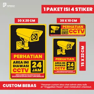 Papercut 1 Paket Isi 4 Stiker Area Diawasi CCTV 24 Jam Tahan Air Bisa Custom Bonus 3 Stiker Ukuran 30x20cm 30x10cm 15x22cm Custom Bebas