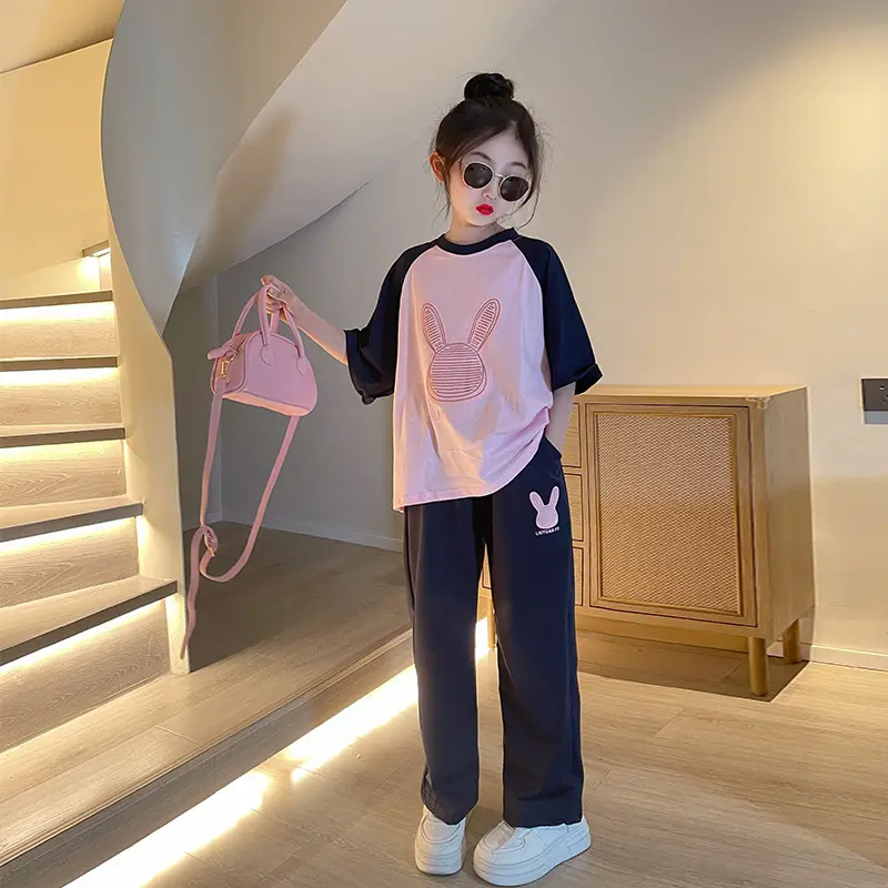 2in1 new summer Korean girls suit short sleeve casual suit cotton skin-friendly girl clothes fashion loose sports casual-child suit