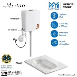 Kloset Jongkok Otomatis MR.TAO Set Watertank Flush – Closet Jongkok Keramik Putih Desain Modern Elegan, Dilengkapi Tangki Otomatis & Jet Shower, Sistem Bilas Hemat Air, Higienis & Nyaman Digunakan, Cocok untuk Kamar Mandi Rumah & Fasilitas Umum