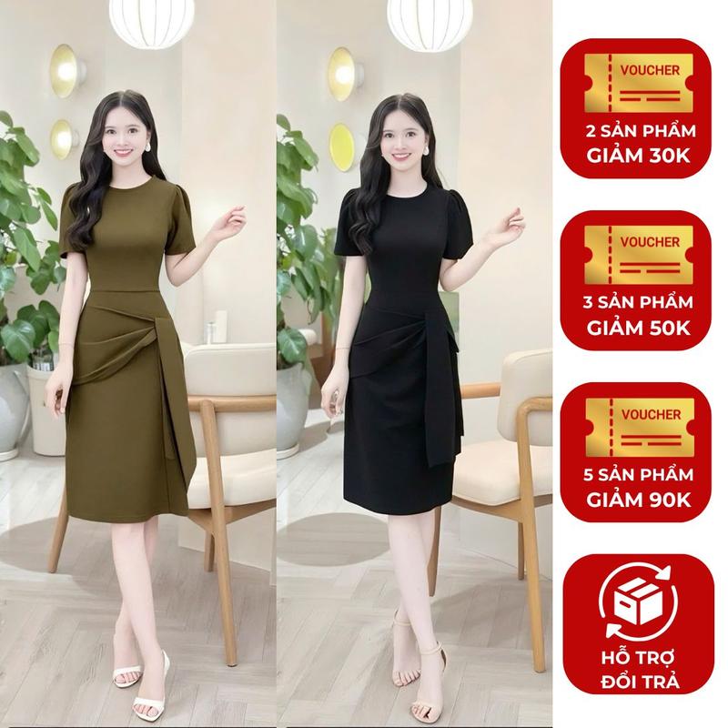  Đầm váy nữ thiết kế xinh Nhật Vy cổ tròn tay ngắn dáng xoè bigsize chất lụa công sở văn phòng dự tiệc quà tặng vợ mẹ màu nâu đen - D3445 