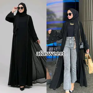 Abaya Dubai saudi  Jalabiah Diamond Outer Gamis Muslim Wanita Dress Arab Syari Hitam Maxi Basic Bordir Elegant Beige