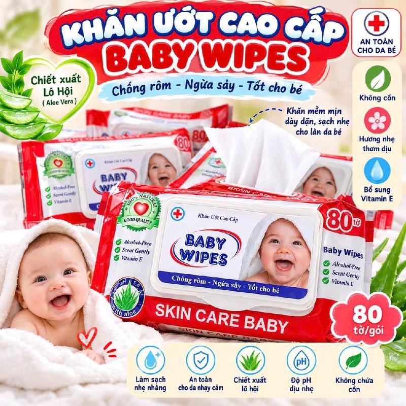 Khăn Ướt Cao Cấp Baby Wipes - Chống Rôm Ngừa Sảy Tốt Cho Bé - 80 Tờ - Chiết Xuất Lô Hội - An Toàn Cho Bé - Không Cồn - Hương Nhẹ Thấm Dịu - Bổ Sung Vitamin E