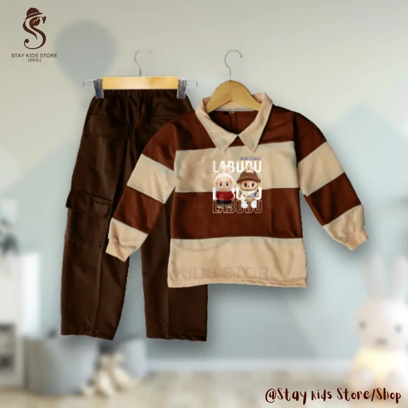 Stelan Anak Perempuan labubu viral 2025| Baju anak kekinian 3-12 tahun | kaos salur berkerah lengan panjang, Celana Motif Kargo crop one set | Pakaian lucu motif bergaris fasionable, santai dan nyaman, otfit labubu celana cargo modis | Fashion anak trendy 5