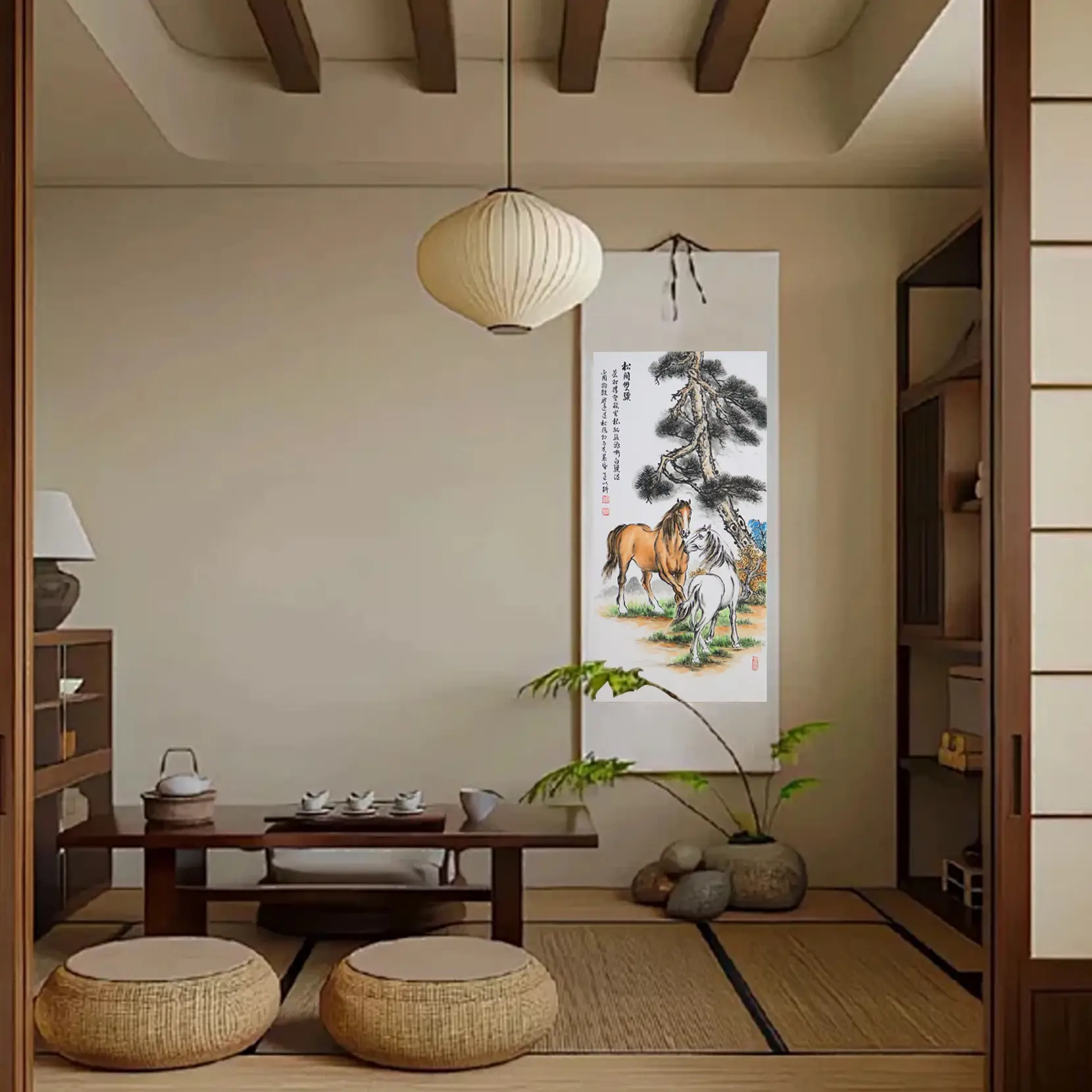 リビングルームのソファの背景の壁、書道と絵画、オフィスの風景画、山