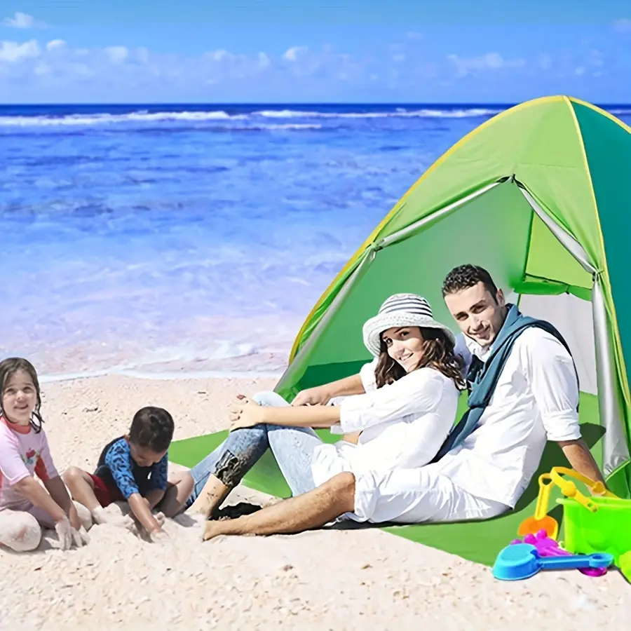 Compact and durable portable pop-up beach tent for a large 3-4 person family that protects you from the sun - UPF 50+ UV protection! Includes 6 fixed ground piles. Perfect for Christmas, blue/yellow-orange/pink/yellow-green