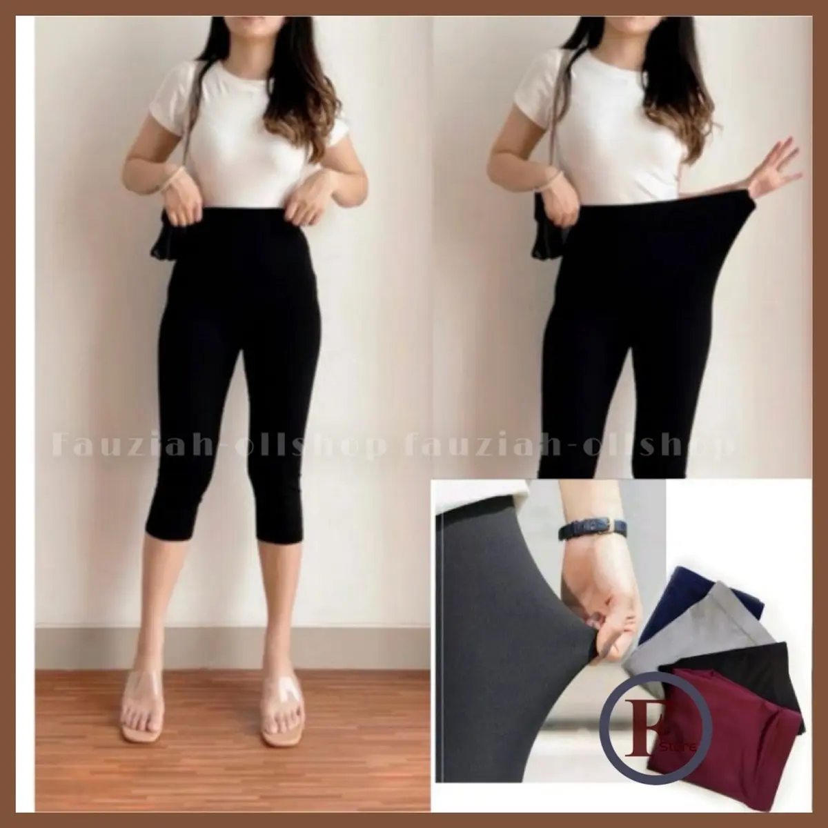 legging pendek 3/4 sepandek uk L-xl Polos Celana Melar Spandex Standar Tebal Wanita Panjang Fit 7⁄8 short