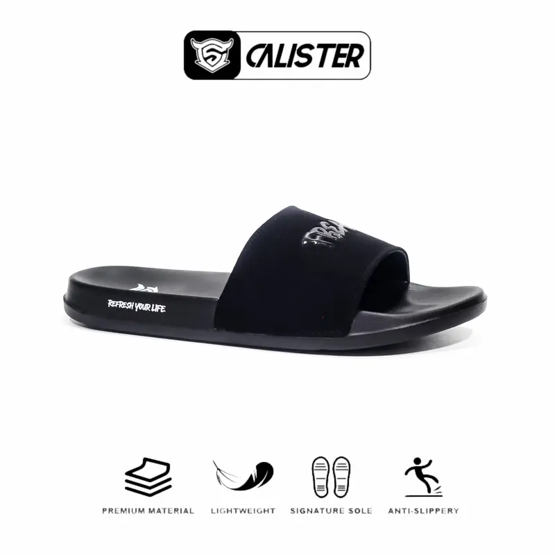 Calister - Sandal Slipper Pria Slide On Full Black Anti Slip antiselip selop simpel 0
