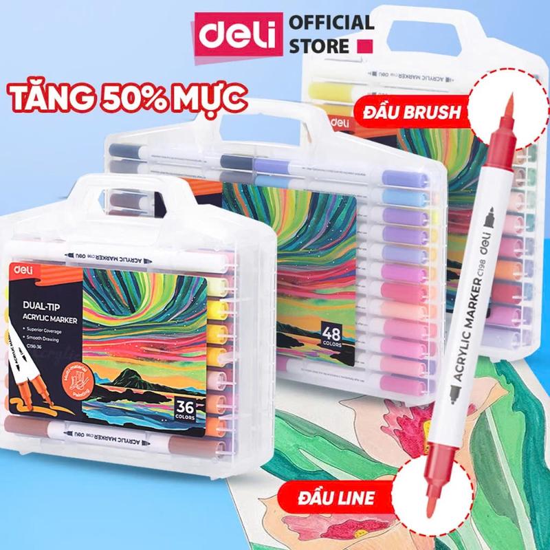 ACRYLIC MARKER 2 ĐẦU Bút Sơn Acrylic Marker 2 Đầu 48 Màu Chính Hãng Deli THÊM 50% Mực Màu Vẽ Trên Mọi Chất Liệu Chồng Màu