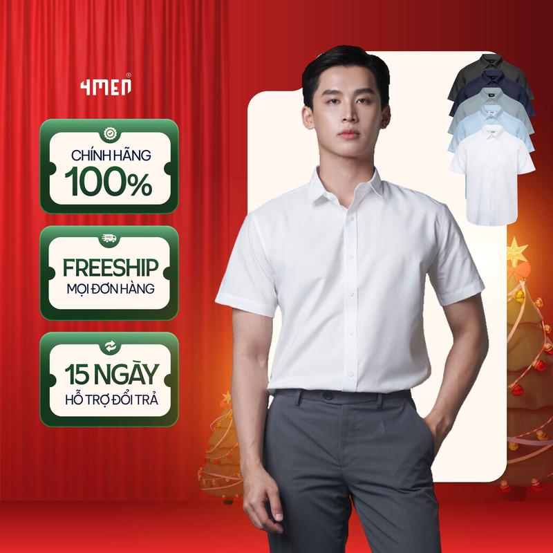  Áo sơ mi nam tay ngắn trơn đẹp 4MEN SM087 vải lụa chéo mềm mịn hạn chế nhăn form tailored công sở trẻ trung giá rẻ 