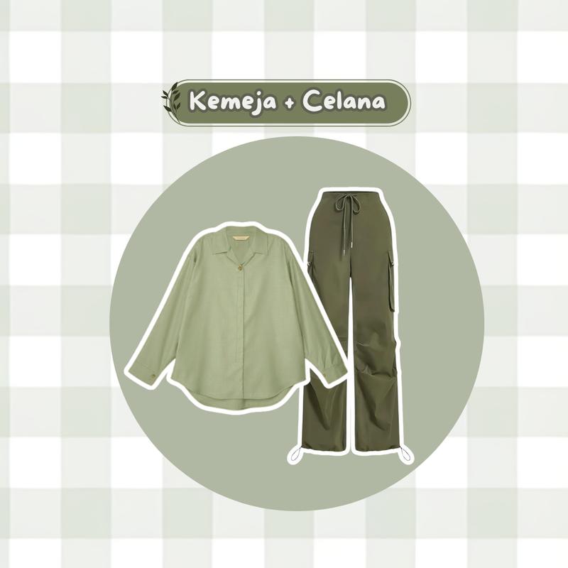 Oneset 3 in 1 Ootd Wanita Hijab Korean Style ( Kemeja Sage Green Celana Cargo Outfitset ) - AH43 Setelan Basic Casual Kombinasi Katun Panjang Loose Rayon Baju Formal Tangan Atasan Pendek Hitam Oversize 5