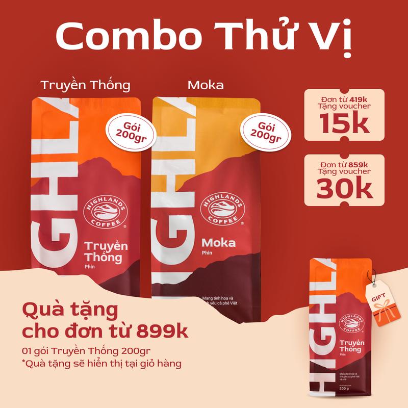   COMBO THỬ VỊ- Voucher người mua mới: -10K cho đơn từ 99K  Combo 2 Cà phê rang xay Truyền Thống + Moka Highlands Coffee túi 200g Cafe 