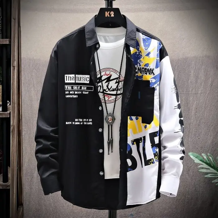 K♪Ef Kemeja Kayser Pria Lengan Panjang Music Motif Sablon Ada Kantong Depan B☛Kc