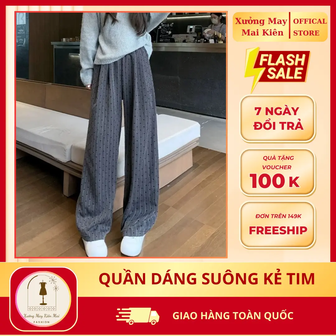 [HÀNG CAO CẤP] Quần phiên bản Hàn Quốc dáng rộng hoạ tiết trái tim nữ lưng cao - Hoa,TIM