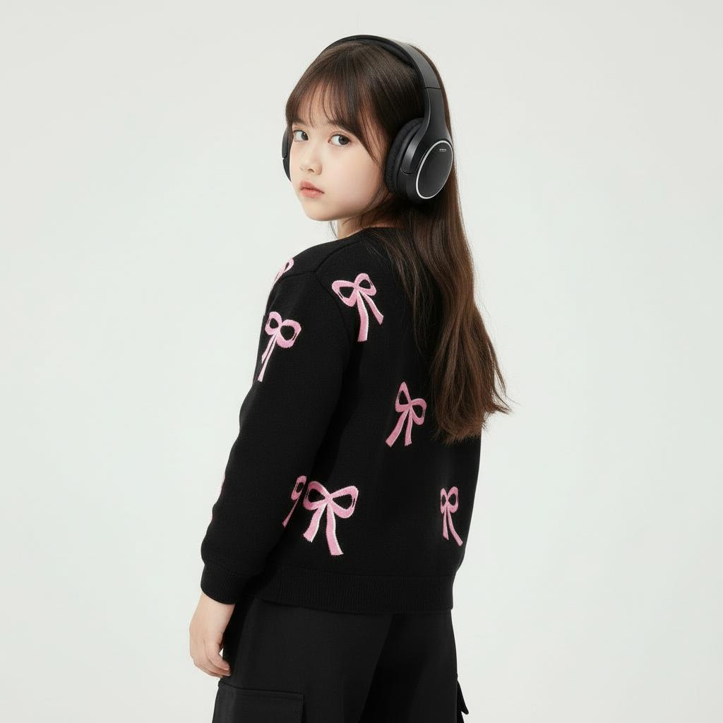 CAIFU Cardigan Pita Hitam Anak Perempuan Cardi Lengan Panjang Atasan Y2K Usia 3-12 Tahun Bahan Lembut Halus Nyaman Adem Variasi Warna Pastel Cantik Fashion