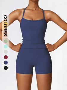 Conjunto de yoga para mujer, top corto sin espalda y shorts de cintura alta, ropa deportiva de gimnasio, deportes casuales, diseño sin mangas por encima de la rodilla
